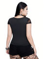 Plus Size V-neck Bow Lace Sheer Blouse Slim-fit Top Y2K Style Halloween Collection Black Cat T-shirt.