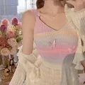 Summer Dopamine Colored Stripes Butterfly Knitted Tank Top Women V Neck Sleeveless Slim Camisole. 