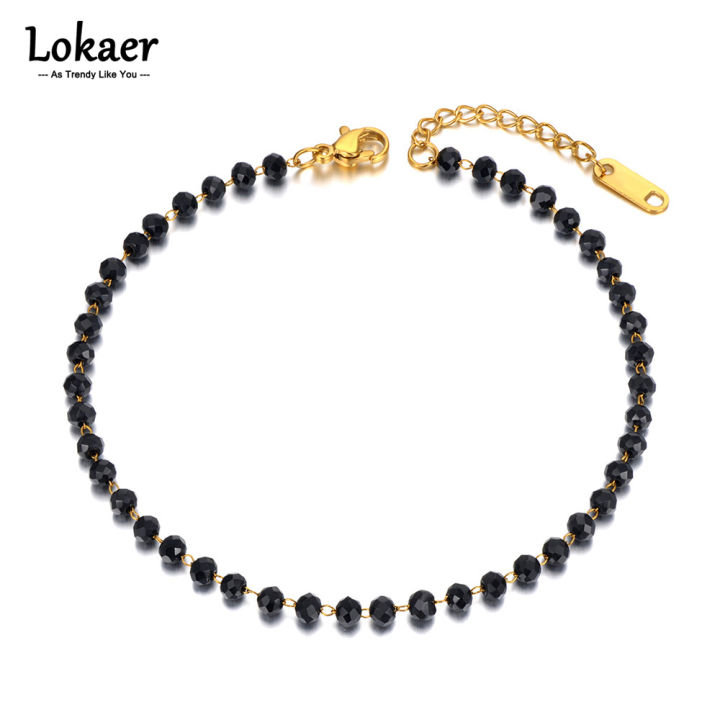 Lokaer Fashion Black CZ Crystal Charm Anklets For Women Girl Stainless Steel Link Chain Bohemia Beach Foot Anklet Jewelry A21029