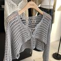 Crochet Crop Tie Front Cardigan Women Long Sleeve Sheer OpenKnit Bolero Shrug Top Summer Beach Bikini Cover Up Y2K Outfit. 