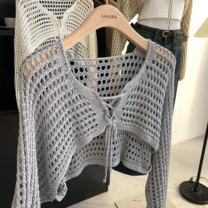 Crochet%20Crop%20Tie%20Front%20Cardigan%20Women%20Long%20Sleeve%20Sheer%20OpenKnit%20Bolero%20Shrug%20Top%20Summer%20Beach%20Bikini%20Cover%20Up%20Y2K%20Outfit%20-%20Image%204