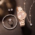 6 PCS New Luxury Love Rhinestone Jewelry Ladies Ring Necklace Earrings Bracelet Set Simple Digital Steel Strap Quartz Watch. 