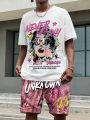 Men's round neck casual summer T-shirt, printed with cartoon characters and letter patterns, lightweight and breathable short sl.