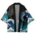 Men and Women's Japanese Kimono, Wave Carp, 3D Print Pattern Coat, Green Traditional Haori Cardigan, Japan Black Beach Clothing. 