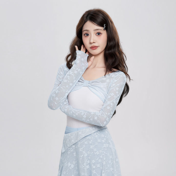 Women%20Floral%20Lace%20Pleated%20Bow%20Dance%20Tops%20Long%20Sleeves%20Pullover%20Blouses%20Girls%20Soft%20Thin%20Tulle%20Casual%20Tees%20Yoga%20Training%20Crop%20Top%20-%20Image%205