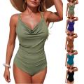 Solid Color Swimsuit Summer Cowl Neck Adjustable Straps Crisscross Back Tummy Control One Piece Beach Athletic Bathing Suit.