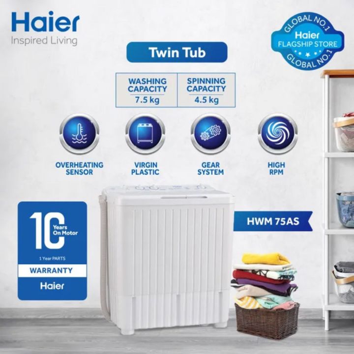 Haier Washing Machine HWM 75AS (7.5KG) Twin Tub with Spinner - 100% Copper