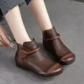 Retro Women Short Ankle Boots 2024 Autumn Winter Faux Cow Leather Slip-on Shoes Handmade Round Toe Light Weight Flat Booties. 