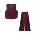 Women's Front Button Fitted Waistcoat and High Waist Pleated Wide Leg Pants, Female Two Piece Sets, Fashion. 