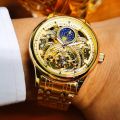 Gold  Vintage Moon Phase Automatic Watch for Men Tourbillon Skeleton Luminous Hands Luxury Brand Mechanical Watches Steel Strap. 