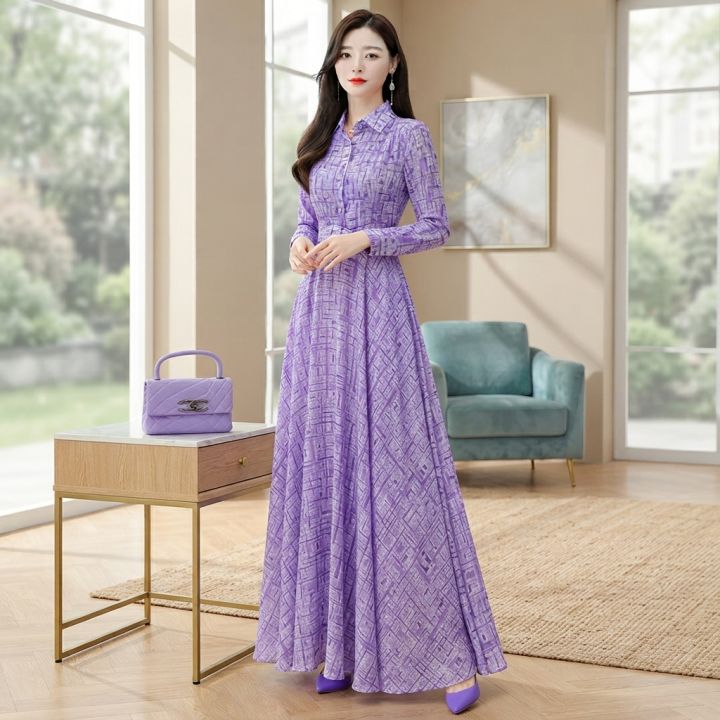 Women's Stylish Formal Long Sleeve Digital Print One Piece Long Gown Kurti