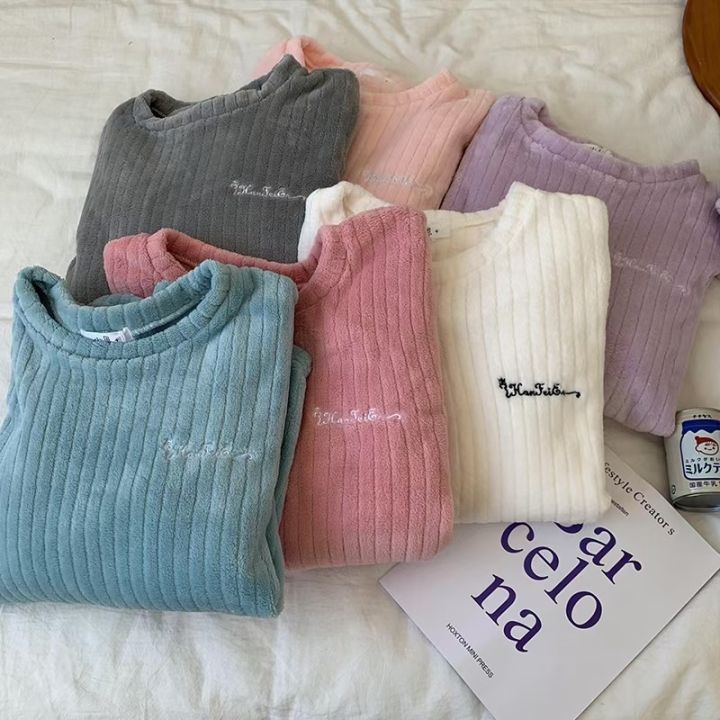 Winter%20Flannel%20Two-piece%20Loose%20Casual%20New%20O-neck%20Striped%20Coral%20Fleece%20Top%20Elastic%20Waist%20Pants%20sets%20Women's%20Pajamas%20Set%20Sleepwear%20-%20Image%202
