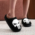 Punisher Skull Pattern Fashion Embroider Plush Home Thick-Soled Comfortable Woolen Cotton Slippers Personalized Warm Non-Slip Indoor Slippers for Men and Women Can Wear Halloween Christmas Gifts. 