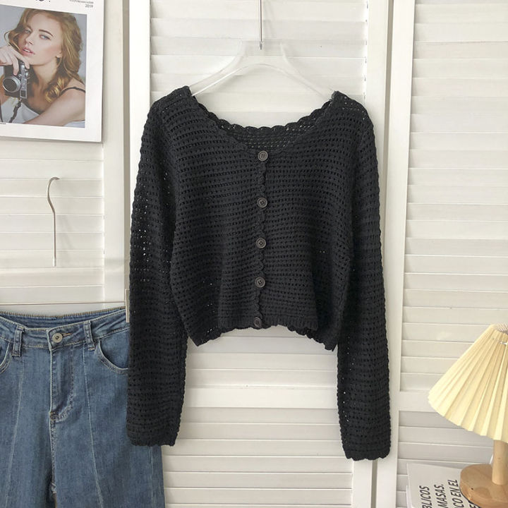 Crochet%20Cardigan%20for%20Women%20Sheer%20Openwork%20Knit%20Long%20Sleeve%20Button%20Up%20Crop%20Top%20Teen-girl%20Shrug%20Cardigan%20Autumn%20Spring%20Y2K%20Outfit%20-%20Image%204