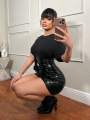 plus Size Black High Gloss Leather Mini Skirt Trendy Versatile Bodycon Skirt for Women. 