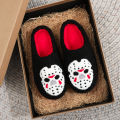 A Pair of Black Halloween Horror Mask Skull Pattern Embroidered Plush Home Thick-Soled Comfortable Slippers, Personalized Warm Non-Slip Indoor Slippers, Autumn and Winter , Suitable for Both Men and Women.
