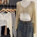 Crochet Crop Tie Front Cardigan Women Long Sleeve Sheer OpenKnit Bolero Shrug Top Summer Beach Bikini Cover Up Y2K Outfit. 