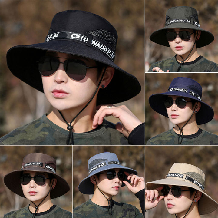 Windproof%20Men%20Outdoor%20Hat%20Wide%20Brim%20Flat%20Top%20Men%20Camping%20Hat%20Letter%20Print%20Anti-UV%20Strap%20Hollow%20Out%20Men%20Fisherman%20Hat%20Headwear%20-%20Image%204
