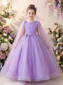 Elegant Purple Long Dress for Tween Girl,A Formal Gown Featuring Flowing Veil Belt Bow Decoration,Wedding,Birthday Party,Banquet. 