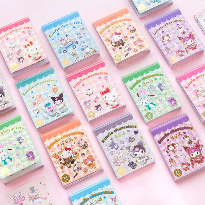 24Sheets Sanrio Stickers Book Hello Kitty Cinnamoroll Kuromi Kids Mini Sticker Decorative Hand Account Laptop Stationery Decals