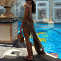 Summer 2025  Women's Beach Vacation Dress Set Chiffon Print Halter Long Dress Loose Leopard Print Shorts Dress Suit. 
