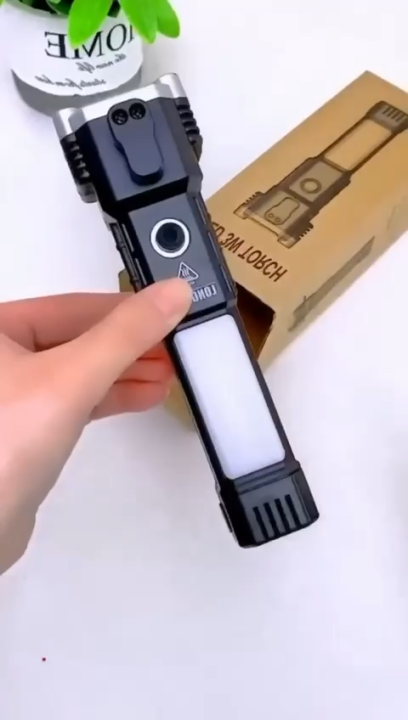 Rechargeable LED 3W Torch – Multifunctional Flashlight with Side COB Light, Power Bank, USB Charging, Long Range Super Bright Emergency Light for Outdoor, Camping & Home Use
