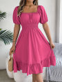 Spring Summer Elegant High Waisted Dress Square Neck Short Sleeved Ruffled Edge Long Dresses 2026 Valentine's Day Woman Clothing.
