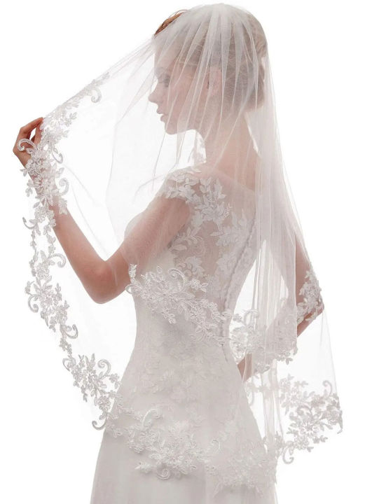Women's Short 2 Tier 60/80 cm Lace Wedding Bridal Veil With Comb Two Layers Bride Veils