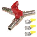 Three-Way Valve 3 Way Hose Connector Barb Ball Valve Y Shape Pipe with three handle gas pipe clips. 