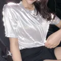 New summer retro style stylish bright silk woman tops shiny loose short sleeve t-shirt sexy club aesthetic harajuku women tshirt. 
