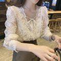 New French Square Collar Apricot White Lace Blouse Autumn Casual Loose Tops Sweet Puff Long Sleeve Lace-up Shirt Blusas 17442. 