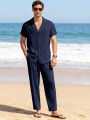 Men Beach Short Sleeve Shirt Pants Set Summer Casual Ice Silk Polo Shirt Long Pants 2-Piece Set Trendy Daily Male Suit. 