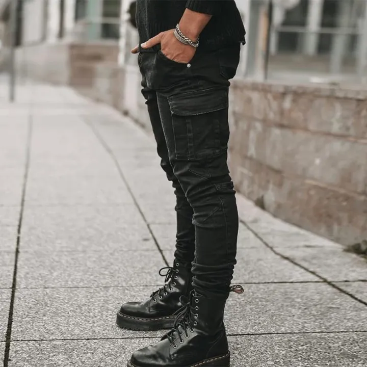 Street%20Elastic%20Jeans%20Men%20Denim%20Cargo%20Pants%20Wash%20Solid%20Color%20Multi%20Pockets%20Casual%20Mid%20Waist%20Trousers%20Slim%20Fit%20Daily%20Wear%20Joggers%20-%20Image%205