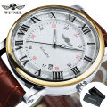 WINNER Fashion Business Mechanical Watches Date Display Minimalist Automatic Watch for Men Casual Brown Leather Strap Wristwatch.