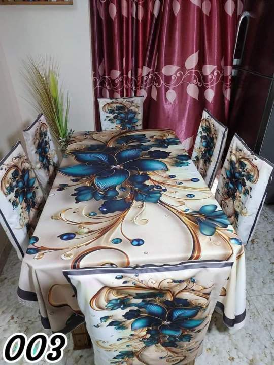 Digital New 3D Print Dining Table Cover with 6 Piece Matching Chair Cover -7 Piece Set.