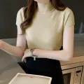 Half Turtleneck Slim Knitted T-shirt Women Elegant Solid Short Sleeve Casual Versatile Spring Pullover Tops Casual Skinny Tops. 
