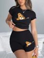 2 Pieces Set Women Slim Crop T-Shirts Shorts A Teddy Bear Emerged From The Zipper Prints Tops Sporty High Elastic Soft Clothes. 