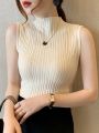 2024 Summer Turtleneck Ribbed Tank Tops Women Camisole Sleeveless Slim Female Stripe Croped Vest Casual Solid Camis Top. 