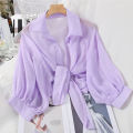 Women Summer Bat Half Sleeve Chiffon Shirt Casual Loose Button Hollow White Clothes Elegant Solid Color Tied Waist Blouse 9776. 