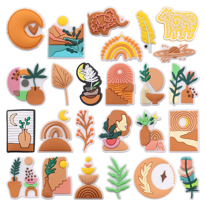 25Pcs Bohemian Style Elephant Flower Leaf Moon Rainbow Bear Woman Cactus PVC Shoe Charms For Clogs Pins Hole Slipper Decoration