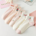 5/10 Pairs Women Striped Ankle Socks Fashionable Breathable Comfortable Spring Summer Cute Pink Fruit Pattern Casual Socks.