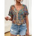 Plus Size 0XL-5XL Women's Fashionable V-neck Printed Casual and Comfortable Short Sleeved Shirt. 