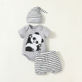 3Pcs Baby Boys Short Sleeve Cartton Panda Pansuit For Spring/Summer Casual Cute Sets+Hat.