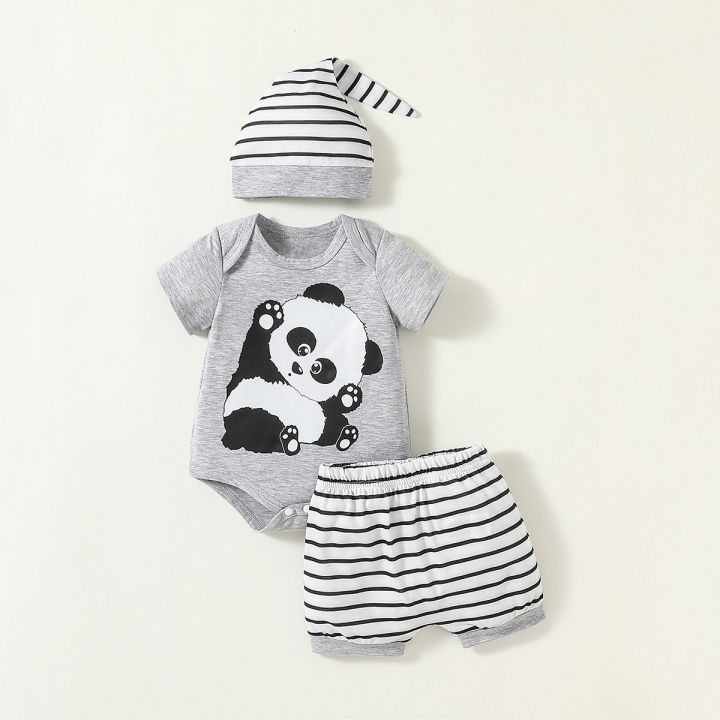 3Pcs Baby Boys Short Sleeve Cartton Panda Pansuit For Spring/Summer Casual Cute Sets+Hat