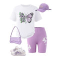 Spring And Summer Women's And Children's Sports Style Butterfly Print Off Shoulder Short Sleeved Top&Shorts Two-Piece Set. 
