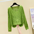 Pointelle Knit Top Long Sleeve Cropped Plain Pullover Women Jumper Knitwear Spring Summer Basic Outfit. 
