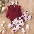 0-18Months Baby Girl Clothes Set Red Color Long Sleevs Bodysuit + Flower Strap Pants 2PCS Infant Girl New Years Clothing Suit.
