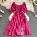 2026 Fashion New Summer Flower Print Long Dress Women Vintage Square Neck Ruched Chest Split Sundress Party Vestidos.
