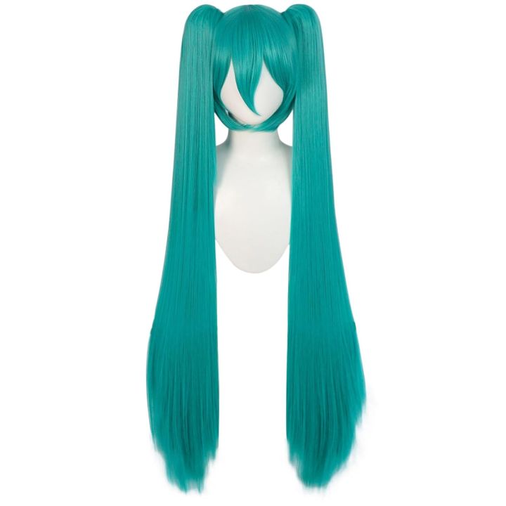 Long Double Clip Ponytails Hatsune Miku Cosplay Synthetic Wig Costume for Women Girls (Green)