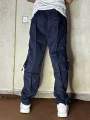 Baggy cargo trousers for men - lightweight fabric - dark blue colour. 